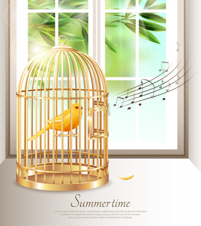Canary singing in golden birdcage with music notes in summer time on background of window vector illustrationのイラスト素材