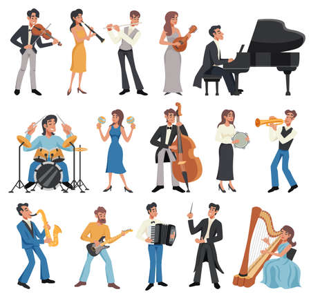Colored and isolated musician icon set with men and women play instruments and sing vector illustrationのイラスト素材