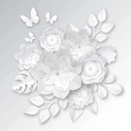 Elegant white paper cut flowers 3d bridal arrangement with  monstera leaf and butterfly handcraft realistic vector illustrationのイラスト素材