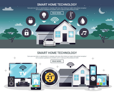 Two horizontal and colored smart home banner set with technology description and read more buttons vector illustrationのイラスト素材