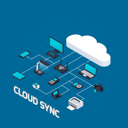 Isometric wireless mobile devices background with connected images of router computers gadgets and office automation equipment vector illustrationのイラスト素材