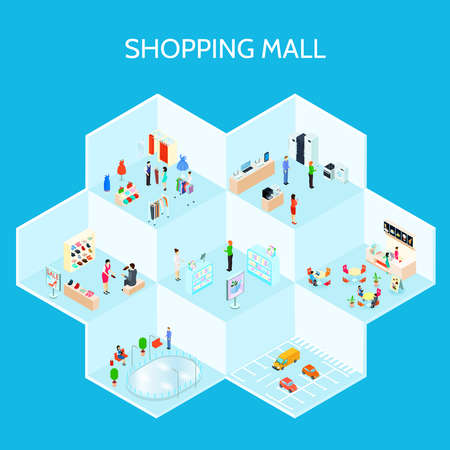 Isometric shopping mall composition with different type of stores and with walls vector illustrationのイラスト素材