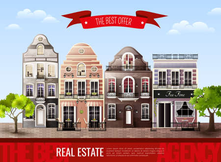 Advertising poster with street from old european houses and green trees on blue sky background vector illustrationのイラスト素材