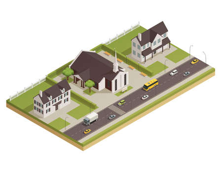 Modern contemporary catholic church white stone building with parking lot and neighboring houses isometric composition vector illustrationのイラスト素材