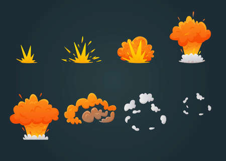 Colored explosion animation icon set with explosion process step by step on black background vector illustrationのイラスト素材