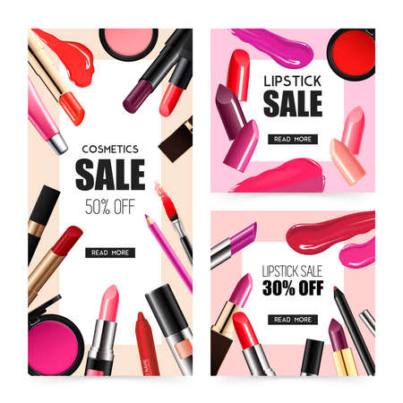 Lip makeup accessoires 2 realistic sale banners with lipstick gloss balm liner radiant colors isolated vector illustrationのイラスト素材