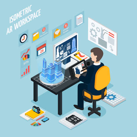 Colored augmented reality workplace isometric composition with man at work and with technology equipment vector illustrationのイラスト素材