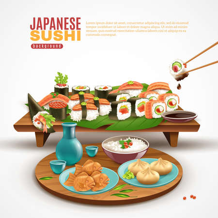 Realistic background with wooden stand full of sushi maki and plate with other japanese dishes vector illustrationのイラスト素材