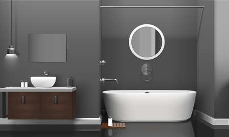 Modern realistic bathroom interior design with white sanitary equipment, shelves on grey wall and...