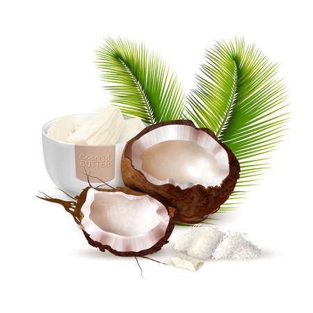 Ripe cracked coconut palm leaves and bowl of butter on white background realistic vector illustrationのイラスト素材
