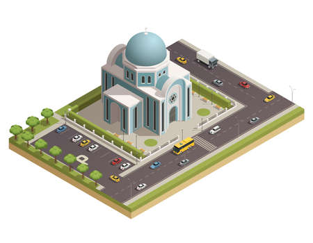 Classic religious worship and spiritual rituals temple building with parking lot surrounded with busy roads isometric vector illustrationのイラスト素材