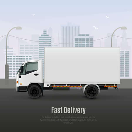 Cargo vehicle for fast delivery realistic composition in white grey colors on city background vector illustrationのイラスト素材