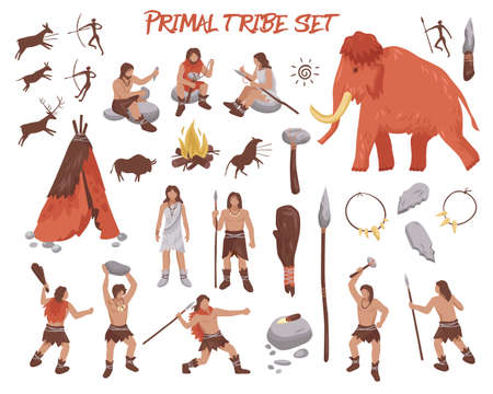 Primal tribe people icons set with weapon and animals flat isolated vector illustrationのイラスト素材