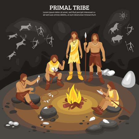 Primal tribe people with cave painting symbols flat vector ilustrationのイラスト素材
