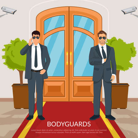 Bodyguard at doors with men red carpet and camera flat vector illustrationのイラスト素材
