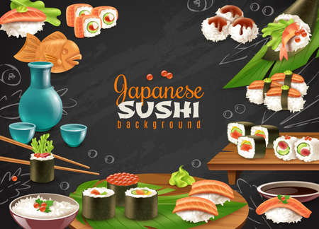Black chalkboard background with various kinds of sushi maki sake and other japanese dishes realistic vector illustrationのイラスト素材