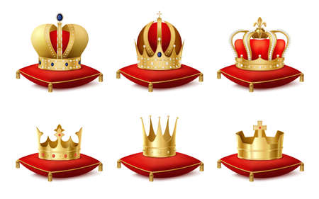 Heraldic royal crowns on cushions realistic set isolated vector illustrationのイラスト素材
