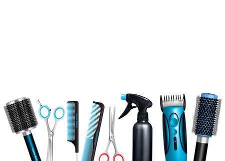 Hairdresser tools on white background including brushes and combs sprayer various scissors and trimmer vector illustrationのイラスト素材