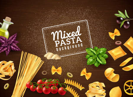Realistic brown background with mixed kinds of pasta and various extra ingredients vector illustrationのイラスト素材