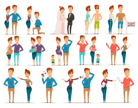 Marriage divorce set of flat married couple characters during rose and candy stage engagement child birth vector illustrationのイラスト素材