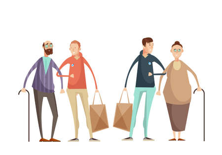 Volunteering design concept with young men helping elderly people outdoor flat cartoon vector illustrationのイラスト素材