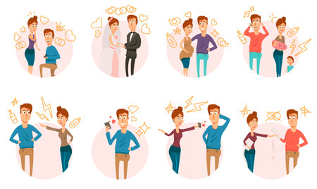 Marriage and divorce process round compositions set with partners couple doodle characters and hand drawn signs vector illustrationのイラスト素材