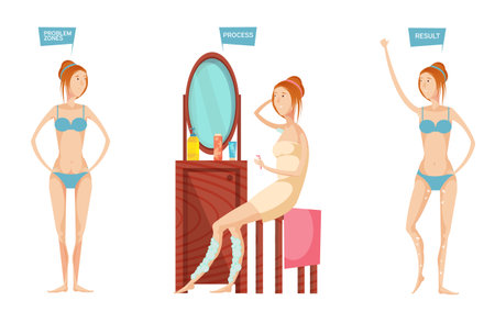 Young woman in front of mirror before and after epilation or depilation isolated on white background flat vector illustrationのイラスト素材
