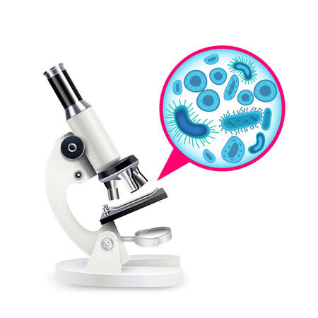 White realistic microscope composition with scientific instrument and multiply magnified cells vector illustrationのイラスト素材