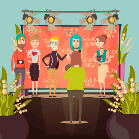 Catwalk fashion set flat background composition with interviewers and model characters in front of advertising banner vector illustrationのイラスト素材
