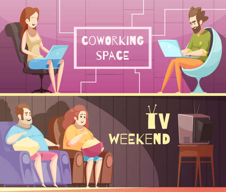 Sedentary lifestyle retro cartoon horizontal banners with sitting job and heavy people near tv isolated vector illustrationのイラスト素材