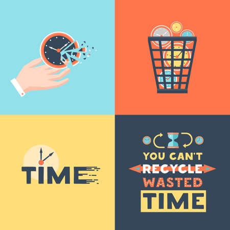 Wasted time concept 4 flat icons square  with useless activities  trash basket and clock symbols vector illustrationのイラスト素材