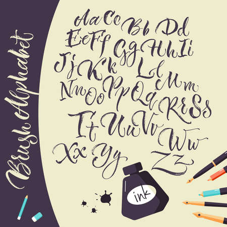 Artistic background with jar of ink pens and hand drawn alphabet flat doodle vector Illustrationのイラスト素材