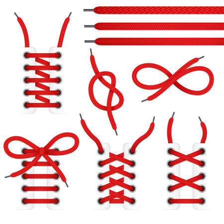 Red lace shoes icon set with tied and untied shoelaces isolated on white background vector illustrationのイラスト素材