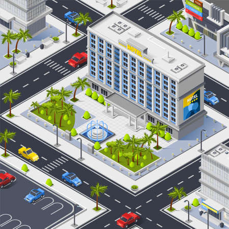 Fragment of city top view with streets luxury hotel building and car parking isometric vector illustrationのイラスト素材