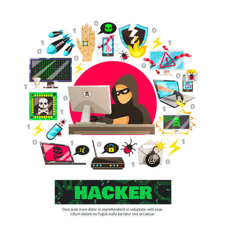 Hacker background with computer criminal character in front of computer with isolated network fraud...
