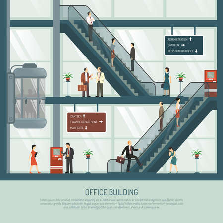 Business office building background with profile view of office block with escalators elevator and people characters vector illustrationのイラスト素材