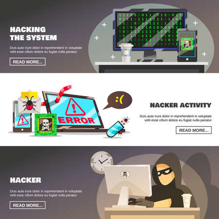 Hacker activity banners collection with flat computer security system damage images text and read more button vector illustrationのイラスト素材