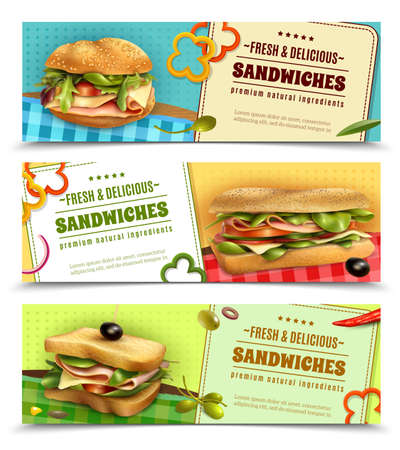 Healthy whole grain sandwiches with natural fresh ingredients 3 horizontal advertisement banners set realistic isolated vector illustrationのイラスト素材