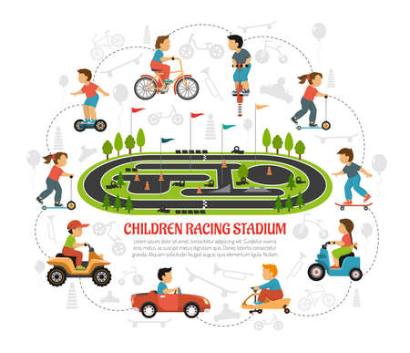 Transport children background with sports area scenery flat images of kids and toys silhouettes with text vector illustrationのイラスト素材