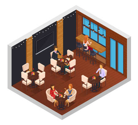 Cafe interior restaurant pizzeria bistro canteen isometric composition with window tv set tables and visitor characters vector illustrationのイラスト素材