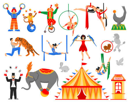 Circus performers artists actors show set of flat isolated air acrobats equilibrists clowns animal tamer characters vector illustrationのイラスト素材