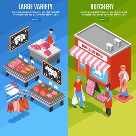 Isometric vertical banners with butchery shop outside and large variety of meat products isolated vector illustrationのイラスト素材