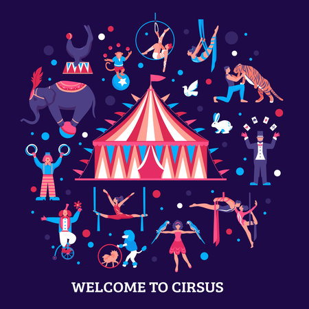 Circus performers flat vector Illustration with tent in center and trained animals and circus actors aroundのイラスト素材