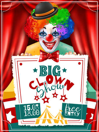 Big circus show performance invitation advertisement poster with smiling clown in bright three color wig vector illustrationのイラスト素材