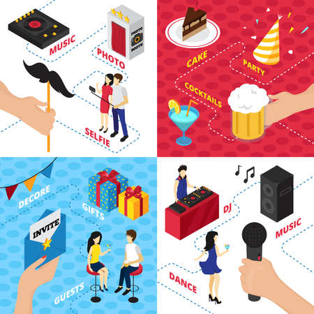 Party isometric design concept with decorations gift boxes character clothes alcohol drinks audio gear and people vector illustrationのイラスト素材