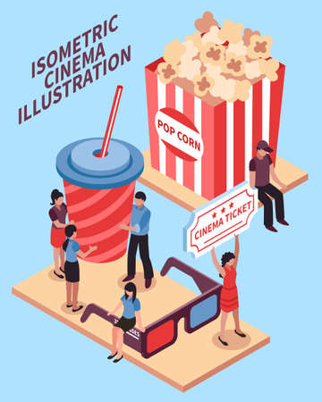 Cinema isometric design concept with popcorn cola 3d glasses signs and viewers figurines vector illustrationのイラスト素材