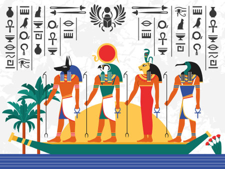 Egypt flat colorful poster with ancient egyptian gods in papyrus boat on hieroglyph background flat vector illustrationのイラスト素材