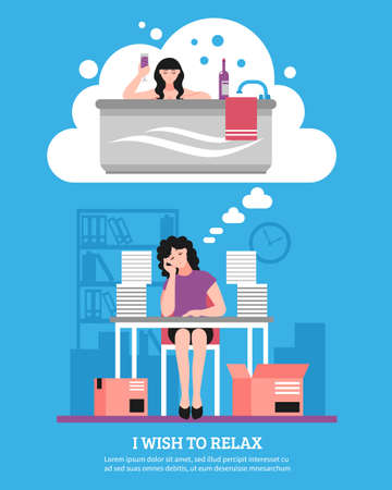 Office workplace and woman wishing to relax and to take bath on blue background flat vector illustrationのイラスト素材