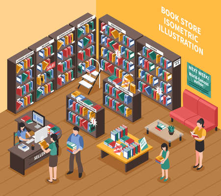 Book shop interior isometric illustration of bookshelves with printed publications stepladder shoppers and seller vector illustrationのイラスト素材