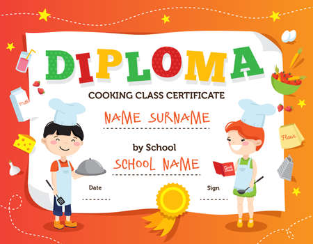 Little chef diploma design with cartoon teenager cook characters flat decorations and fields for personal data vector illustrationのイラスト素材